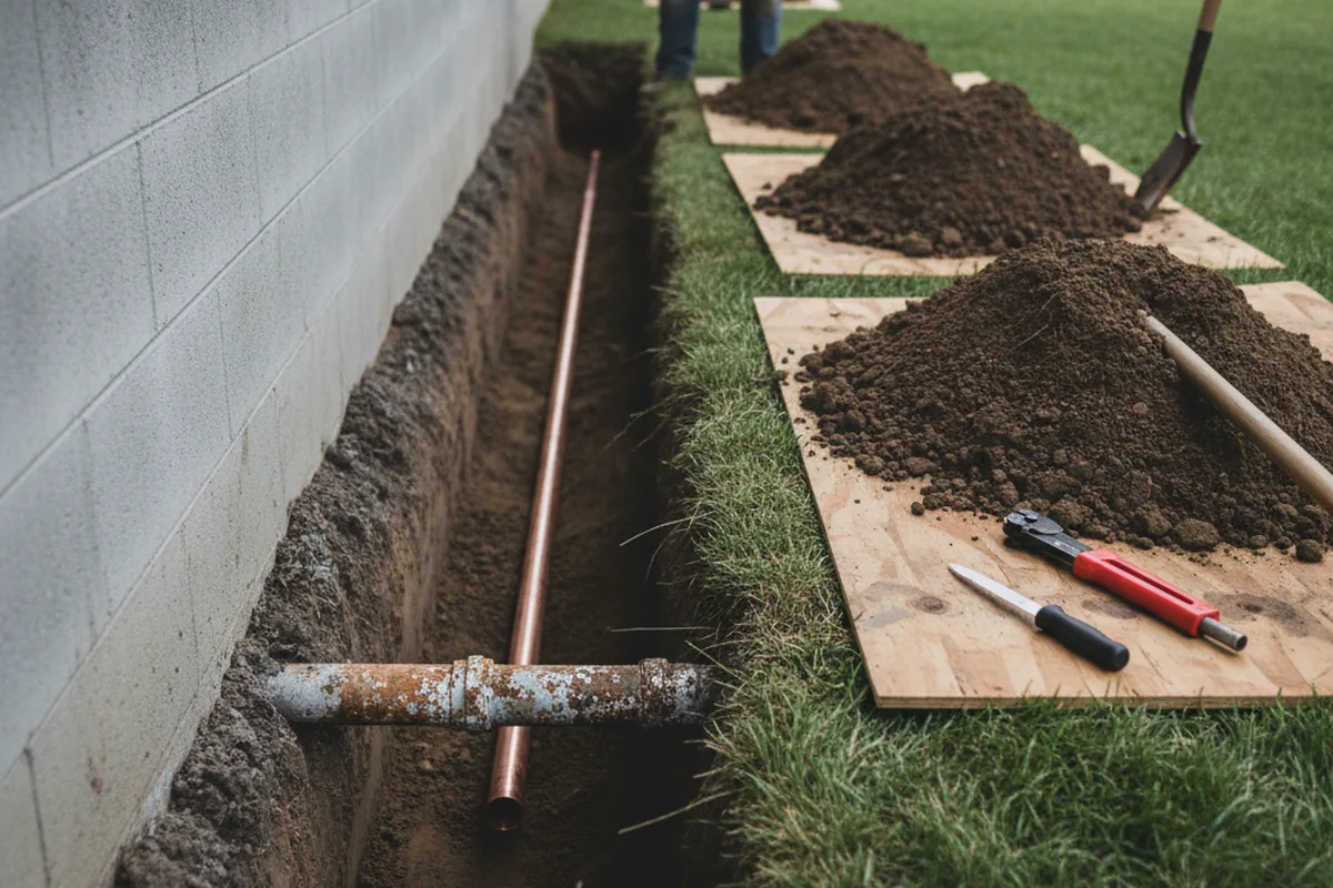 Excavated water line trench during Water Softener Installation in Kaysville